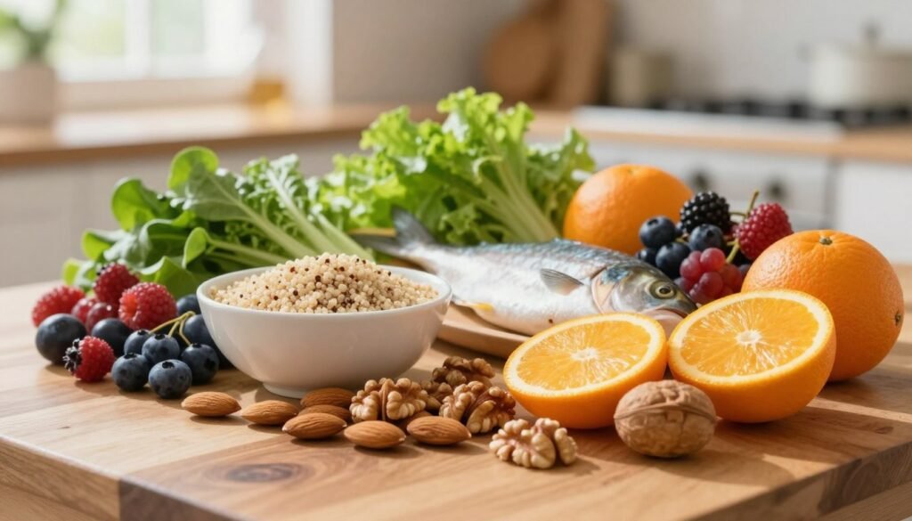 A beautifully arranged display of nutrient-rich foods promoting healthy nails, featuring a vibrant assortment of fruits, vegetables, and nuts. In the foreground, show shining almonds and walnuts alongside juicy oranges, berries, and crisp leafy greens. The middle layer includes a bowl of quinoa and a selection of fish, all artistically placed on a natural wooden table. In the background, softly blurred out, hint at a warm kitchen environment with natural light streaming in through a window, casting gentle shadows. The scene conveys a fresh and inviting atmosphere, emphasizing health and wellness. Use soft focus with a shallow depth of field to highlight the rich textures and colors of the food, while maintaining a bright and airy visual style. A beautifully arranged display of nutrient-rich foods promoting healthy nails, featuring a vibrant assortment of fruits, vegetables, and nuts. In the foreground, show shining almonds and walnuts alongside juicy oranges, berries, and crisp leafy greens. The middle layer includes a bowl of quinoa and a selection of fish, all artistically placed on a natural wooden table. In the background, softly blurred out, hint at a warm kitchen environment with natural light streaming in through a window, casting gentle shadows. The scene conveys a fresh and inviting atmosphere, emphasizing health and wellness. Use soft focus with a shallow depth of field to highlight the rich textures and colors of the food, while maintaining a bright and airy visual style.