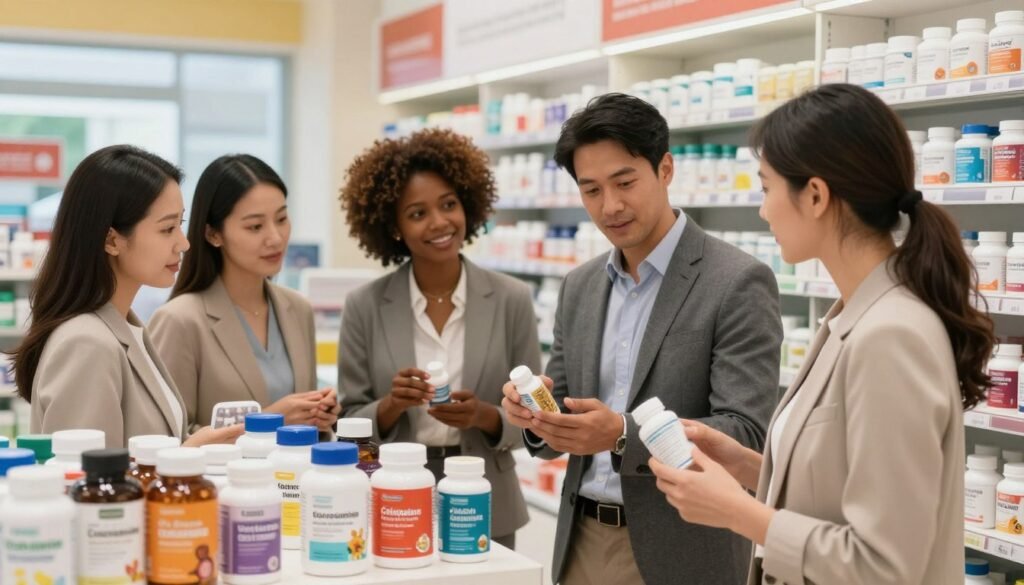 A bright, well-lit pharmacy or health store aisle featuring various high-quality joint supplements, with an emphasis on collagen and glucosamine products. In the foreground, a collaborative group of diverse adults, dressed in professional business attire, discusses the supplements enthusiastically, examining labels and ingredients. The middle ground showcases neatly arranged bottles with vibrant labels, some showing benefits and key ingredients. In the background, soft lighting creates a warm and inviting atmosphere, with shelves filled with health-focused products. The entire scene conveys a mood of informed decision-making and empowerment in choosing supplements for joint health, shot from a slightly elevated angle to capture the interaction and products effectively. A bright, well-lit pharmacy or health store aisle featuring various high-quality joint supplements, with an emphasis on collagen and glucosamine products. In the foreground, a collaborative group of diverse adults, dressed in professional business attire, discusses the supplements enthusiastically, examining labels and ingredients. The middle ground showcases neatly arranged bottles with vibrant labels, some showing benefits and key ingredients. In the background, soft lighting creates a warm and inviting atmosphere, with shelves filled with health-focused products. The entire scene conveys a mood of informed decision-making and empowerment in choosing supplements for joint health, shot from a slightly elevated angle to capture the interaction and products effectively.