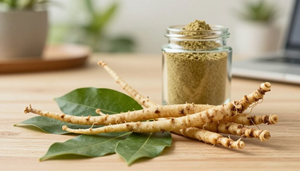 A captivating image of ashwagandha roots and leaves displayed prominently in the foreground, showcasing their rich, green hues and earthy tones. The middle layer features a wooden table with an elegant glass jar filled with ashwagandha powder, hinting at its usage in natural supplements. In the background, a softly blurred scene of a serene and calming environment, such as a home office or a peaceful garden, with warm, natural lighting to evoke a sense of tranquility and wellness. The angle is slightly overhead, focusing on the ashwagandha elements while creating an inviting atmosphere. The overall mood is relaxed and balanced, reflecting the subject’s connection to testosterone support and stress management for men over 40. A captivating image of ashwagandha roots and leaves displayed prominently in the foreground, showcasing their rich, green hues and earthy tones. The middle layer features a wooden table with an elegant glass jar filled with ashwagandha powder, hinting at its usage in natural supplements. In the background, a softly blurred scene of a serene and calming environment, such as a home office or a peaceful garden, with warm, natural lighting to evoke a sense of tranquility and wellness. The angle is slightly overhead, focusing on the ashwagandha elements while creating an inviting atmosphere. The overall mood is relaxed and balanced, reflecting the subject’s connection to testosterone support and stress management for men over 40.