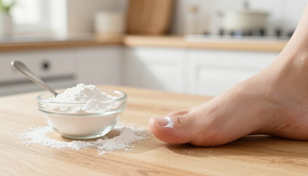 A close-up view of a person's foot with a focus on the toenail affected by fungus, showing a baking soda paste applied to the nail. The foreground features a clear, detailed depiction of the toenail, highlighting the texture and discoloration associated with fungus. In the middle, a small bowl of baking soda and a spoon are placed on a wooden kitchen table, with some baking soda sprinkled around. The background is softly blurred, revealing a cozy, well-lit kitchen setting, with sunlight streaming through a nearby window. The overall mood is informative and encouraging, showcasing natural home remedies in a soothing, bright atmosphere. The angle is slightly elevated, creating a feeling of intimacy and focus on the remedy without any distractions. A close-up view of a person's foot with a focus on the toenail affected by fungus, showing a baking soda paste applied to the nail. The foreground features a clear, detailed depiction of the toenail, highlighting the texture and discoloration associated with fungus. In the middle, a small bowl of baking soda and a spoon are placed on a wooden kitchen table, with some baking soda sprinkled around. The background is softly blurred, revealing a cozy, well-lit kitchen setting, with sunlight streaming through a nearby window. The overall mood is informative and encouraging, showcasing natural home remedies in a soothing, bright atmosphere. The angle is slightly elevated, creating a feeling of intimacy and focus on the remedy without any distractions.