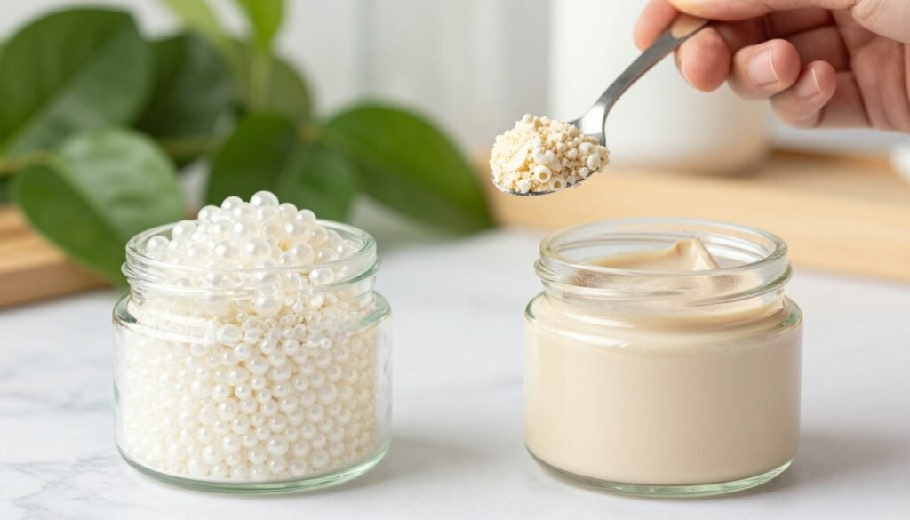 A close-up, well-lit image comparing marine and bovine collagen supplements. In the foreground, two elegant glass jars, one filled with translucent, pearl-like marine collagen powder and the other with a creamy, beige bovine collagen powder. Both jars are placed on a clean, white marble surface, showcasing their textures. In the middle, a human hand gently scoops a spoonful from each jar, highlighting the contrasting colors and consistencies. In the background, a subtle soft-focus of leafy green plants and light wooden decor creates a fresh, natural atmosphere, symbolizing health and vitality. The lighting is soft and diffuse, emphasizing the purity and appeal of the products, while the angle is slightly overhead to capture the comparison effectively. The mood is optimistic, reflecting the enhancement and benefits of collagen supplementation. A close-up, well-lit image comparing marine and bovine collagen supplements. In the foreground, two elegant glass jars, one filled with translucent, pearl-like marine collagen powder and the other with a creamy, beige bovine collagen powder. Both jars are placed on a clean, white marble surface, showcasing their textures. In the middle, a human hand gently scoops a spoonful from each jar, highlighting the contrasting colors and consistencies. In the background, a subtle soft-focus of leafy green plants and light wooden decor creates a fresh, natural atmosphere, symbolizing health and vitality. The lighting is soft and diffuse, emphasizing the purity and appeal of the products, while the angle is slightly overhead to capture the comparison effectively. The mood is optimistic, reflecting the enhancement and benefits of collagen supplementation.