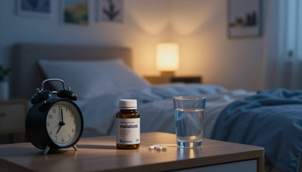 A cozy, dimly-lit bedroom scene focused on a bedside table featuring a bottle of melatonin supplements and a glass of water, radiating a serene atmosphere. In the background, a soft, comfortable bed is adorned with calming blue and white linens, giving a restful vibe. A gentle nightstand lamp emits warm, golden light, casting soft shadows throughout the room. On the wall, a few peaceful nature prints evoke tranquility. The foreground captures a tranquil alarm clock, emphasizing a focus on restful sleep. The overall mood conveys calmness and relief, with a focus on the melatonin bottle as a key element highlighting its role as a sleep aid for those suffering from tinnitus. The composition should be shot from a slight angle, close enough to convey texture details while maintaining a broader view of the relaxing environment. A cozy, dimly-lit bedroom scene focused on a bedside table featuring a bottle of melatonin supplements and a glass of water, radiating a serene atmosphere. In the background, a soft, comfortable bed is adorned with calming blue and white linens, giving a restful vibe. A gentle nightstand lamp emits warm, golden light, casting soft shadows throughout the room. On the wall, a few peaceful nature prints evoke tranquility. The foreground captures a tranquil alarm clock, emphasizing a focus on restful sleep. The overall mood conveys calmness and relief, with a focus on the melatonin bottle as a key element highlighting its role as a sleep aid for those suffering from tinnitus. The composition should be shot from a slight angle, close enough to convey texture details while maintaining a broader view of the relaxing environment.