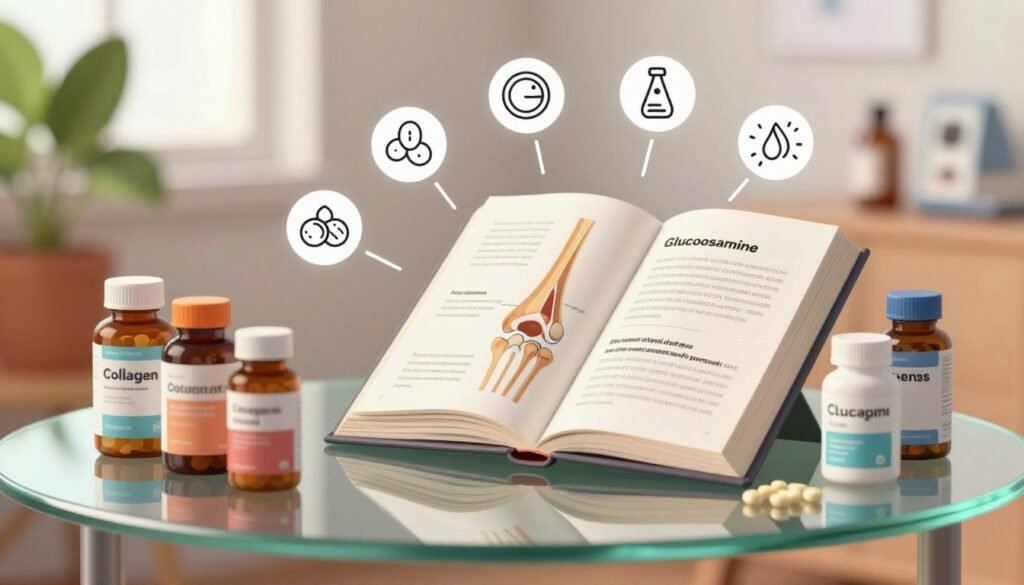 A detailed illustration showcasing safety profiles and potential side effects of joint supplements like collagen and glucosamine. In the foreground, place a sleek glass table displaying a variety of joint supplement bottles, with labels partially visible yet artistically blurred. In the middle, depict an open medical book featuring diagrams of joints and annotations about safety profiles, surrounded by common side effect icons, represented as tasteful line art. In the background, softly lit, an office environment with potted plants and a clinical vibe, suggesting a connection between health and professional advice. Use warm, inviting lighting to create a reassuring atmosphere. The angle is slightly above eye level, capturing all elements harmoniously, devoid of any text or distractions. A detailed illustration showcasing safety profiles and potential side effects of joint supplements like collagen and glucosamine. In the foreground, place a sleek glass table displaying a variety of joint supplement bottles, with labels partially visible yet artistically blurred. In the middle, depict an open medical book featuring diagrams of joints and annotations about safety profiles, surrounded by common side effect icons, represented as tasteful line art. In the background, softly lit, an office environment with potted plants and a clinical vibe, suggesting a connection between health and professional advice. Use warm, inviting lighting to create a reassuring atmosphere. The angle is slightly above eye level, capturing all elements harmoniously, devoid of any text or distractions.