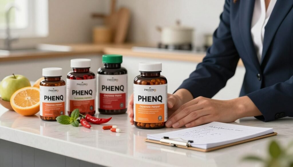 A modern countertop featuring an array of menopause metabolism supplements, arranged artfully with PhenQ as the focal point. The supplements are in sleek, stylish bottles, with vibrant labels showcasing key ingredients like L-carnitine, cayenne pepper, and vitamins. In the foreground, a pair of hands in professional attire gently hold a bottle of PhenQ, emphasizing a sense of wellness and empowerment. In the middle ground, there are fresh fruits and herbs, symbolizing natural health, alongside a notepad with handwritten notes on metabolism. The background is a softly blurred kitchen setting, illuminated by warm, natural light to create an inviting atmosphere. The overall mood is one of vitality and balance, promoting effective weight management during menopause. A modern countertop featuring an array of menopause metabolism supplements, arranged artfully with PhenQ as the focal point. The supplements are in sleek, stylish bottles, with vibrant labels showcasing key ingredients like L-carnitine, cayenne pepper, and vitamins. In the foreground, a pair of hands in professional attire gently hold a bottle of PhenQ, emphasizing a sense of wellness and empowerment. In the middle ground, there are fresh fruits and herbs, symbolizing natural health, alongside a notepad with handwritten notes on metabolism. The background is a softly blurred kitchen setting, illuminated by warm, natural light to create an inviting atmosphere. The overall mood is one of vitality and balance, promoting effective weight management during menopause.