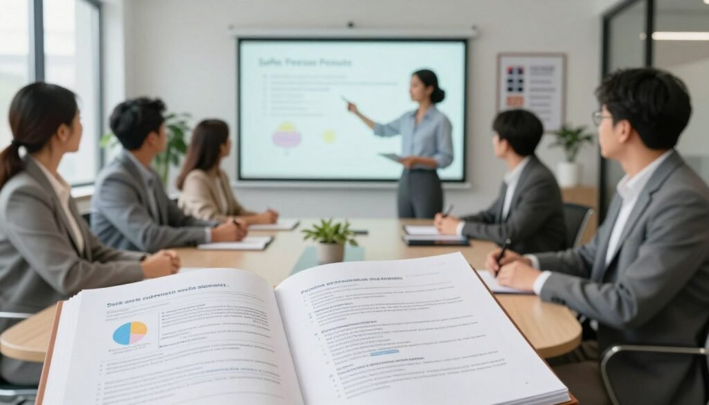 A professional medical consultation scene highlighting safety protocols for natural supplements, featuring a diverse group of adults in business attire seated at a round table in a well-lit conference room. The foreground showcases a detailed open folder with charts and notes regarding potential side effects of supplements, emphasizing clarity and organization. In the middle, a confident speaker points to a projection screen displaying graphics on safety protocols, surrounded by engaged listeners. The background reveals a modern, clean office environment with potted plants and motivational posters. Soft, natural lighting filters through large windows, creating a calm and focused atmosphere, while a slight depth of field blurs the background, ensuring the main subjects remain the focal point. A professional medical consultation scene highlighting safety protocols for natural supplements, featuring a diverse group of adults in business attire seated at a round table in a well-lit conference room. The foreground showcases a detailed open folder with charts and notes regarding potential side effects of supplements, emphasizing clarity and organization. In the middle, a confident speaker points to a projection screen displaying graphics on safety protocols, surrounded by engaged listeners. The background reveals a modern, clean office environment with potted plants and motivational posters. Soft, natural lighting filters through large windows, creating a calm and focused atmosphere, while a slight depth of field blurs the background, ensuring the main subjects remain the focal point.