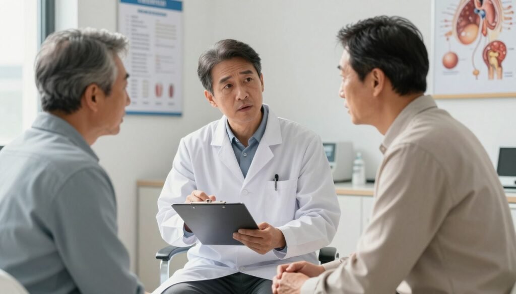 Urologist consultation A professional urologist discussing prostate symptoms with a patient.