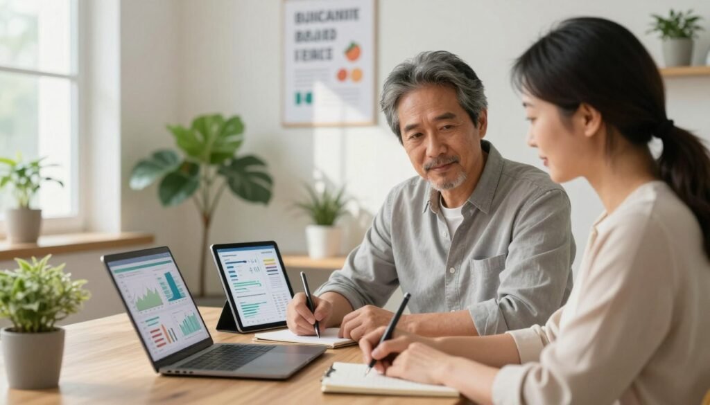 A serene and focused scene of a middle-aged man and woman in a bright, well-lit home office, engaging in a metabolic health monitoring session. The foreground features them using a laptop and a tablet displaying metabolic health data, such as graphs and charts, while taking notes. In the middle ground, a few potted plants add a touch of nature, symbolizing natural health practices. The background shows a wall with motivational health posters, creating an inspiring atmosphere. Soft, natural light filters through a window, casting gentle shadows, while a warm color palette enhances the mood of positivity and determination. The individuals are dressed in smart casual attire, promoting a professional yet approachable vibe. A serene and focused scene of a middle-aged man and woman in a bright, well-lit home office, engaging in a metabolic health monitoring session. The foreground features them using a laptop and a tablet displaying metabolic health data, such as graphs and charts, while taking notes. In the middle ground, a few potted plants add a touch of nature, symbolizing natural health practices. The background shows a wall with motivational health posters, creating an inspiring atmosphere. Soft, natural light filters through a window, casting gentle shadows, while a warm color palette enhances the mood of positivity and determination. The individuals are dressed in smart casual attire, promoting a professional yet approachable vibe.