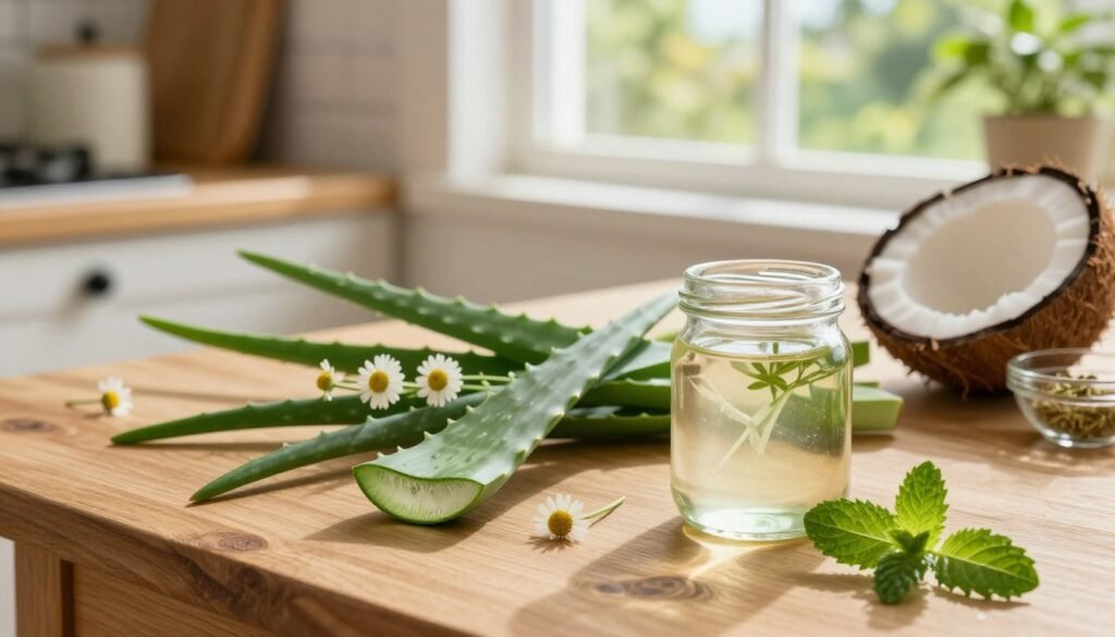 A serene and inviting image depicting a natural remedy for receding gums, featuring a wooden table adorned with vibrant green leaves, fresh aloe vera, chamomile flowers, and a small bowl of coconut oil. In the foreground, there should be a glass jar of herbal mouthwash made from natural ingredients, with a few mint leaves scattered around it. The middle ground includes a calming, rustic kitchen setting with a window allowing soft, warm sunlight to filter through, casting gentle shadows. The background reveals a peaceful garden scene, hinting at a holistic lifestyle. The mood is tranquil and rejuvenating, encouraging a sense of wellness and natural care for gum health. Capture this scene from a slightly elevated angle to emphasize the vibrant colors and textures. A serene and inviting image depicting a natural remedy for receding gums, featuring a wooden table adorned with vibrant green leaves, fresh aloe vera, chamomile flowers, and a small bowl of coconut oil. In the foreground, there should be a glass jar of herbal mouthwash made from natural ingredients, with a few mint leaves scattered around it. The middle ground includes a calming, rustic kitchen setting with a window allowing soft, warm sunlight to filter through, casting gentle shadows. The background reveals a peaceful garden scene, hinting at a holistic lifestyle. The mood is tranquil and rejuvenating, encouraging a sense of wellness and natural care for gum health. Capture this scene from a slightly elevated angle to emphasize the vibrant colors and textures.