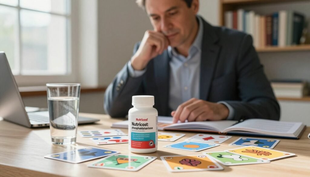 A serene and inviting workspace featuring a glass of clear water, a bottle of Nutricost phosphatidylserine capsules prominently positioned in the foreground, surrounded by scattered, colorful memory enhancement-themed flashcards. In the middle, a focused middle-aged man in professional attire is engaged in studying, with a thoughtful expression, carefully reviewing the flashcards. Soft, natural light filters in through a window, casting gentle shadows and creating a calming atmosphere. The background reveals shelves filled with books on brain health and cognitive science, adding depth to the scene. The overall mood should evoke a sense of concentration and tranquility, emphasizing the theme of cognitive enhancement through nutritional supplements. A serene and inviting workspace featuring a glass of clear water, a bottle of Nutricost phosphatidylserine capsules prominently positioned in the foreground, surrounded by scattered, colorful memory enhancement-themed flashcards. In the middle, a focused middle-aged man in professional attire is engaged in studying, with a thoughtful expression, carefully reviewing the flashcards. Soft, natural light filters in through a window, casting gentle shadows and creating a calming atmosphere. The background reveals shelves filled with books on brain health and cognitive science, adding depth to the scene. The overall mood should evoke a sense of concentration and tranquility, emphasizing the theme of cognitive enhancement through nutritional supplements.