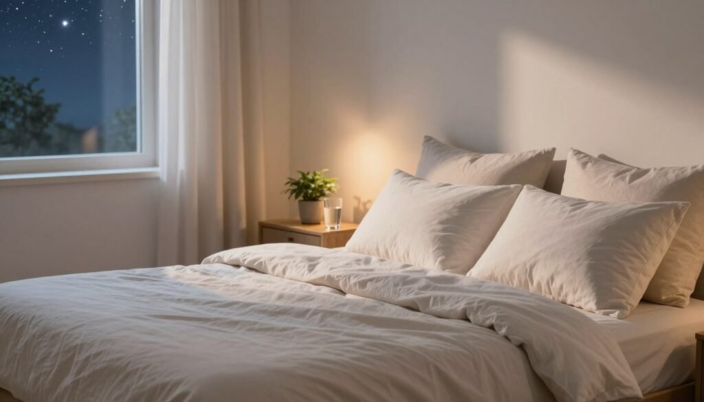 A serene bedroom scene focusing on optimizing sleep quality for hormonal balance. In the foreground, a cozy king-size bed with crisp, light-colored linens and a soothing arrangement of pillows. A bedside table holds a small plant and a glass of water, symbolizing hydration. In the middle ground, gentle ambient lighting casts a warm glow, with curtains slightly billowing to suggest a fresh breeze, conveying tranquility. In the background, a window reveals a calming night sky with stars. The mood is peaceful and restorative, emphasizing relaxation and comfort. The image captures the essence of a restful environment, promoting hormonal balance through quality sleep. Natural elements and soft textures enhance the overall sense of well-being. A serene bedroom scene focusing on optimizing sleep quality for hormonal balance. In the foreground, a cozy king-size bed with crisp, light-colored linens and a soothing arrangement of pillows. A bedside table holds a small plant and a glass of water, symbolizing hydration. In the middle ground, gentle ambient lighting casts a warm glow, with curtains slightly billowing to suggest a fresh breeze, conveying tranquility. In the background, a window reveals a calming night sky with stars. The mood is peaceful and restorative, emphasizing relaxation and comfort. The image captures the essence of a restful environment, promoting hormonal balance through quality sleep. Natural elements and soft textures enhance the overall sense of well-being.
