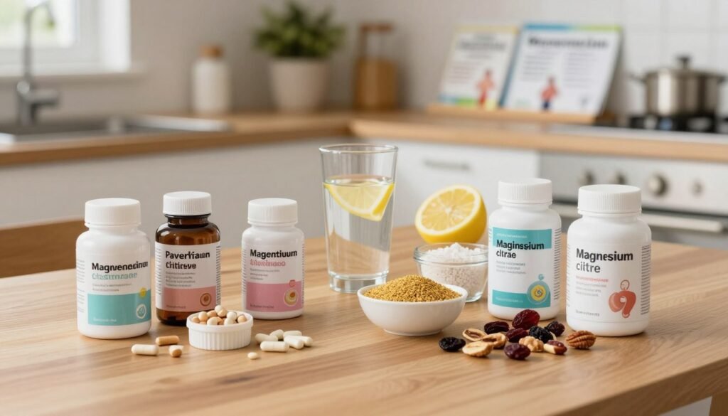 A serene, inviting kitchen scene in soft, natural light, showcasing a wooden table cluttered with various supplements and medical options for constipation during pregnancy. In the foreground, a visually appealing arrangement of fiber-rich supplements, such as psyllium husk and magnesium citrate, alongside healthy snacks like nuts and dried fruits. In the middle, a glass of water with a slice of lemon, symbolizing hydration. In the background, a shelf lined with medical pamphlets about pregnancy health. The atmosphere should feel informative yet comforting, visually representing the caring aspect of pregnancy wellness. Capture the essence of support and nourishment in a warm, professional indoor setting. A serene, inviting kitchen scene in soft, natural light, showcasing a wooden table cluttered with various supplements and medical options for constipation during pregnancy. In the foreground, a visually appealing arrangement of fiber-rich supplements, such as psyllium husk and magnesium citrate, alongside healthy snacks like nuts and dried fruits. In the middle, a glass of water with a slice of lemon, symbolizing hydration. In the background, a shelf lined with medical pamphlets about pregnancy health. The atmosphere should feel informative yet comforting, visually representing the caring aspect of pregnancy wellness. Capture the essence of support and nourishment in a warm, professional indoor setting.