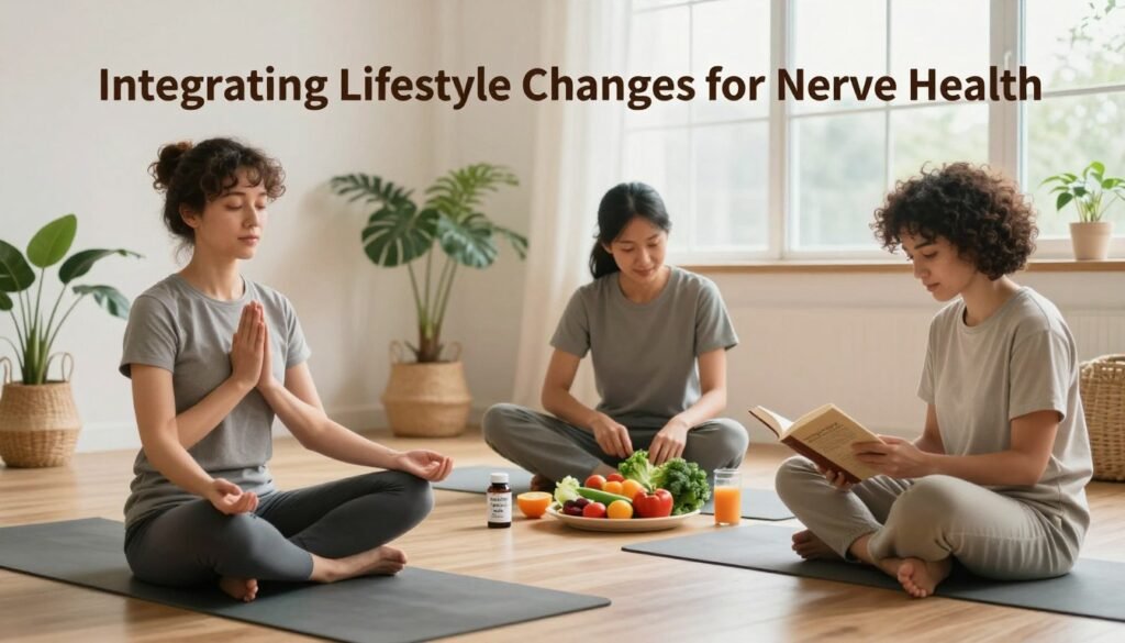 A serene scene illustrating "Integrating Lifestyle Changes for Nerve Health." In the foreground, a diverse group of three professionals in modest casual clothing are engaged in activities promoting wellness: one is practicing yoga on a mat, another is preparing a healthy meal with colorful vegetables, and the third is reading a book on nutrition. The middle ground features an indoor setting with plants and wellness paraphernalia, including a small supplement bottle labeled 'Alpha Lipoic Acid.' In the background, a large window allows soft, natural light to flood the space, creating a warm atmosphere. The composition emphasizes harmony and balance, conveying the importance of integrating lifestyle changes with supplements for optimal nerve health. The angle captures a wide view to encompass the whole scene, focusing on connection and mindfulness. A serene scene illustrating "Integrating Lifestyle Changes for Nerve Health." In the foreground, a diverse group of three professionals in modest casual clothing are engaged in activities promoting wellness: one is practicing yoga on a mat, another is preparing a healthy meal with colorful vegetables, and the third is reading a book on nutrition. The middle ground features an indoor setting with plants and wellness paraphernalia, including a small supplement bottle labeled 'Alpha Lipoic Acid.' In the background, a large window allows soft, natural light to flood the space, creating a warm atmosphere. The composition emphasizes harmony and balance, conveying the importance of integrating lifestyle changes with supplements for optimal nerve health. The angle captures a wide view to encompass the whole scene, focusing on connection and mindfulness.