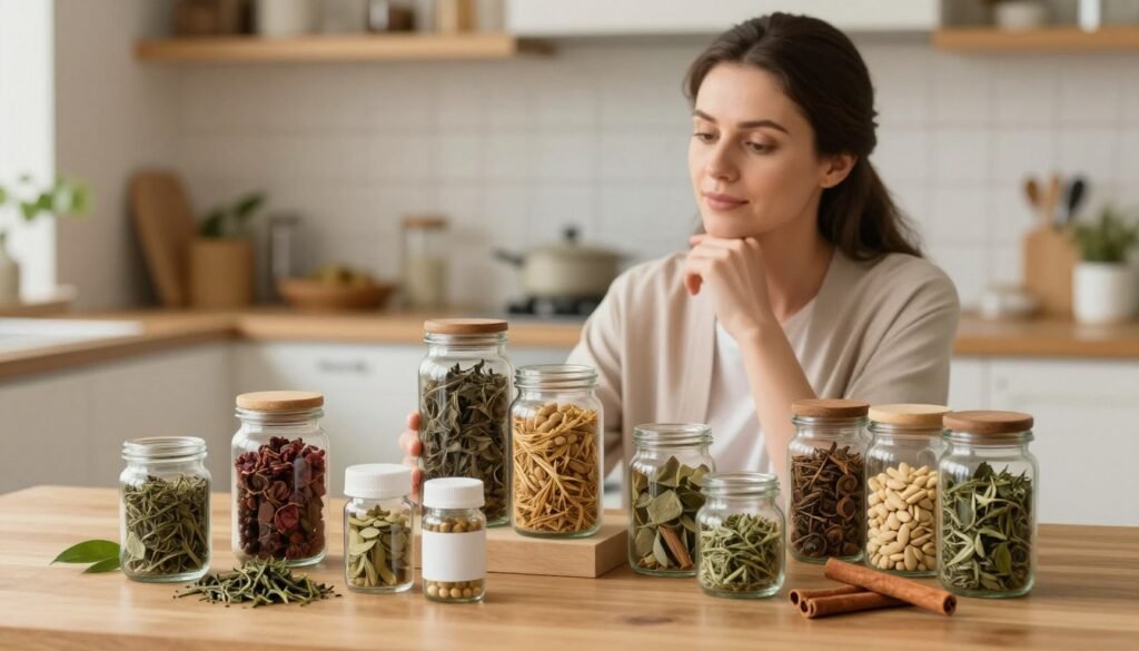 A serene, softly lit scene focusing on a selection of natural appetite suppressant supplements ideal for menopausal women. In the foreground, a beautiful wooden table displays vibrant herbal supplements in glass jars, surrounded by fresh ingredients like green tea leaves and cinnamon sticks. The middle layer features a calm, professional woman in smart casual attire, examining the jars with a thoughtful expression, symbolizing informed choice and safety. In the background, a cozy, inviting kitchen environment with warm lighting evokes a sense of wellness and comfort. The mood captures reassurance and empowerment, highlighting the importance of safe choices in health supplements. The image is well-composed with a focus on natural elements, suggesting a holistic approach to weight management during menopause. A serene, softly lit scene focusing on a selection of natural appetite suppressant supplements ideal for menopausal women. In the foreground, a beautiful wooden table displays vibrant herbal supplements in glass jars, surrounded by fresh ingredients like green tea leaves and cinnamon sticks. The middle layer features a calm, professional woman in smart casual attire, examining the jars with a thoughtful expression, symbolizing informed choice and safety. In the background, a cozy, inviting kitchen environment with warm lighting evokes a sense of wellness and comfort. The mood captures reassurance and empowerment, highlighting the importance of safe choices in health supplements. The image is well-composed with a focus on natural elements, suggesting a holistic approach to weight management during menopause.