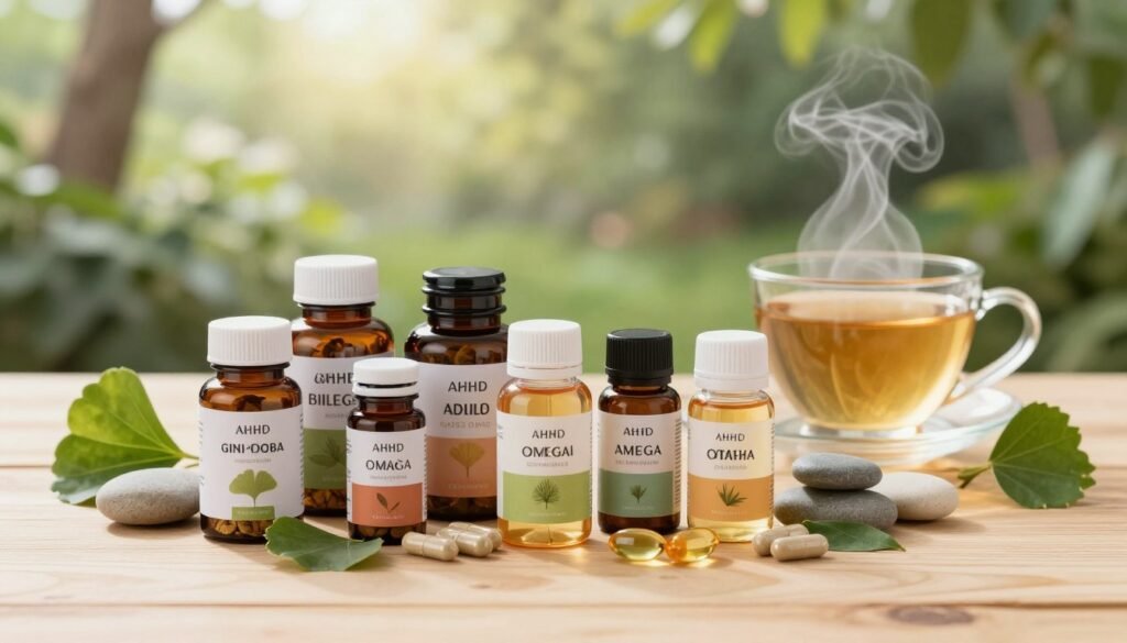 A serene tabletop display featuring an assortment of natural ADHD supplements for adults. In the foreground, beautifully arranged bottles of herbal capsules, such as ginkgo biloba, ashwagandha, and omega-3 oil, each with elegant labels, are surrounded by fresh green leaves and calming stones. In the middle ground, a vibrant, well-lit wooden surface enhances the natural theme, with a steaming cup of herbal tea beside the supplements. In the background, a soft, blurred garden view suggests tranquility, with gentle sunlight filtering through trees. The mood is peaceful and focused, ideal for promoting wellness and concentration. Use soft, diffused lighting to create a warm atmosphere, and employ a shallow depth of field to bring attention to the supplements. A serene tabletop display featuring an assortment of natural ADHD supplements for adults. In the foreground, beautifully arranged bottles of herbal capsules, such as ginkgo biloba, ashwagandha, and omega-3 oil, each with elegant labels, are surrounded by fresh green leaves and calming stones. In the middle ground, a vibrant, well-lit wooden surface enhances the natural theme, with a steaming cup of herbal tea beside the supplements. In the background, a soft, blurred garden view suggests tranquility, with gentle sunlight filtering through trees. The mood is peaceful and focused, ideal for promoting wellness and concentration. Use soft, diffused lighting to create a warm atmosphere, and employ a shallow depth of field to bring attention to the supplements.