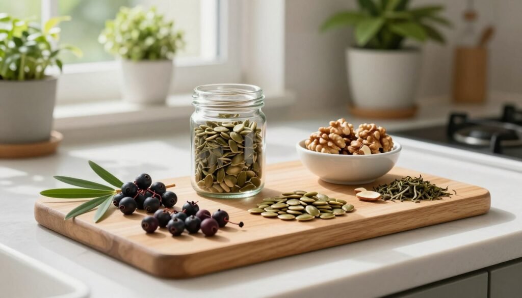 Natural remedies for enlarged prostate A serene, well-lit kitchen countertop adorned with various natural remedies for enlarged prostate health.