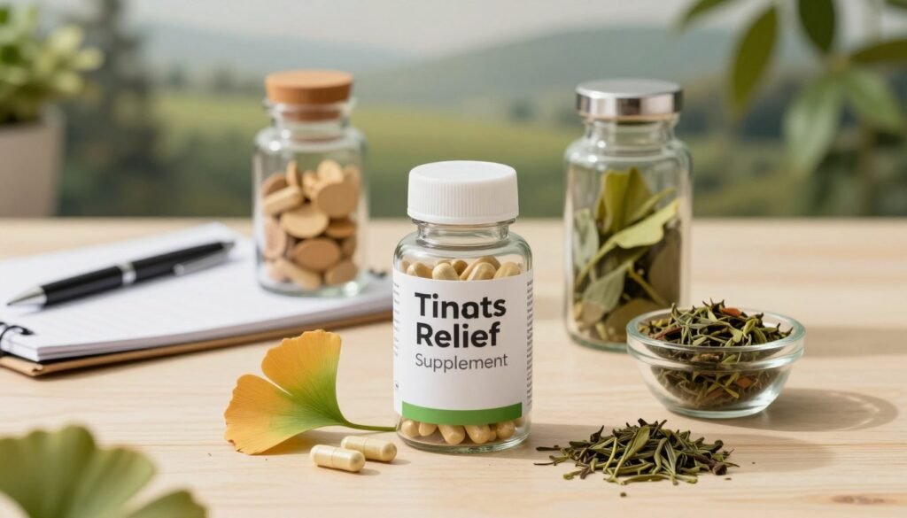 A sophisticated still life arrangement featuring an assortment of tinnitus supplements in elegant, glass containers. In the foreground, focus on a bottle labeled “Tinnitus Relief Supplement” surrounded by vibrant, organic ingredients such as ginkgo biloba and green tea leaves. The middle ground includes a clean wooden surface adorned with a few opened capsules and a notepad with a pen, suggesting research and caution. In the background, soft-focus plants and a faint outline of a calming nature scene create a serene atmosphere. The lighting is warm and inviting, casting gentle shadows that enhance the textures of the glass and natural elements. Aim for a professional and informative mood, suitable for a health article, ensuring the image remains clear and visually appealing. A sophisticated still life arrangement featuring an assortment of tinnitus supplements in elegant, glass containers. In the foreground, focus on a bottle labeled “Tinnitus Relief Supplement” surrounded by vibrant, organic ingredients such as ginkgo biloba and green tea leaves. The middle ground includes a clean wooden surface adorned with a few opened capsules and a notepad with a pen, suggesting research and caution. In the background, soft-focus plants and a faint outline of a calming nature scene create a serene atmosphere. The lighting is warm and inviting, casting gentle shadows that enhance the textures of the glass and natural elements. Aim for a professional and informative mood, suitable for a health article, ensuring the image remains clear and visually appealing.