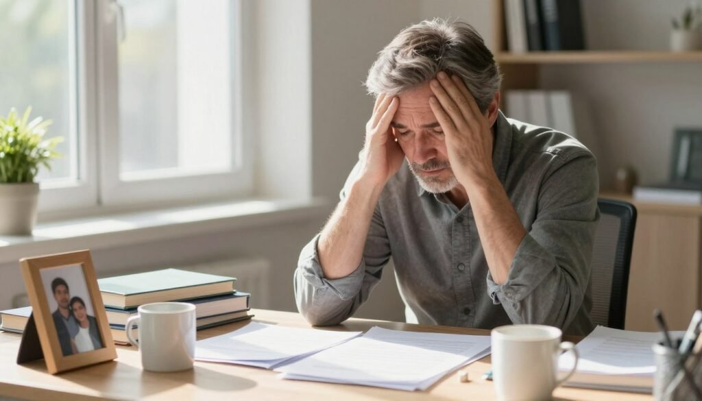A thoughtful man in his 50s sits at a desk cluttered with books and papers, his expression reflecting a moment of confusion and introspection, symbolizing cognitive changes associated with low testosterone. Bright, natural light filters through a window, casting soft shadows that enhance the mood of contemplation. In the foreground, a few personal items like a framed family photo and a coffee mug symbolize connection and daily life, while the middle ground shows organized but chaotic papers, highlighting cognitive overload. The background features a warm, inviting office space with neutral colors and gentle greenery outside the window, creating a calming atmosphere. The overall image captures a sense of quiet struggle and the weight of mental fog, emphasizing the emotional impact of low testosterone in men over 50.