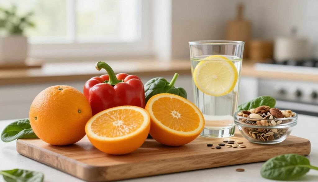 A vibrant and informative still life composition showcasing a variety of foods beneficial for nail health. In the foreground, feature a wooden cutting board topped with an assortment of colorful fruits and vegetables, such as oranges, bell peppers, and spinach, symbolizing rich vitamins. Beside them, display a small glass bowl filled with nuts and seeds, representing healthy fats. In the middle ground, include a glass of water infused with lemon slices to emphasize hydration. The background should have a softly blurred kitchen setting with natural light streaming in from a window, creating a warm and inviting atmosphere. Use a shallow depth of field for focus on the food items, conveying a sense of nourishment and care. Aim for an overall mood of health and vitality, inviting viewers to consider dietary adjustments for optimal nail health. A vibrant and informative still life composition showcasing a variety of foods beneficial for nail health. In the foreground, feature a wooden cutting board topped with an assortment of colorful fruits and vegetables, such as oranges, bell peppers, and spinach, symbolizing rich vitamins. Beside them, display a small glass bowl filled with nuts and seeds, representing healthy fats. In the middle ground, include a glass of water infused with lemon slices to emphasize hydration. The background should have a softly blurred kitchen setting with natural light streaming in from a window, creating a warm and inviting atmosphere. Use a shallow depth of field for focus on the food items, conveying a sense of nourishment and care. Aim for an overall mood of health and vitality, inviting viewers to consider dietary adjustments for optimal nail health.