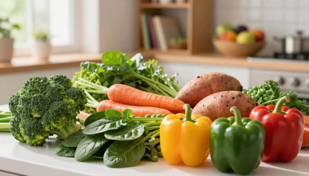 A vibrant array of high fiber vegetables ideal for pregnancy, displayed in a well-lit kitchen setting. In the foreground, rich green broccoli and plush spinach leaves are prominently arranged alongside colorful bell peppers—red, yellow, and green. In the middle ground, freshly harvested carrots, sweet potatoes, and peas add depth with their earthy tones. Various textures create an inviting atmosphere, enhanced by soft natural sunlight streaming in from a nearby window. The background is subtly blurred, showcasing wooden shelves filled with healthy cookbooks and a bowl of assorted fruits, hinting at a wholesome lifestyle. The scene exudes a warm, nurturing mood, emphasizing the importance of nutrition for expectant mothers. The composition should be captured at eye level for an intimate perspective, creating a sense of connection to the viewer. A vibrant array of high fiber vegetables ideal for pregnancy, displayed in a well-lit kitchen setting. In the foreground, rich green broccoli and plush spinach leaves are prominently arranged alongside colorful bell peppers—red, yellow, and green. In the middle ground, freshly harvested carrots, sweet potatoes, and peas add depth with their earthy tones. Various textures create an inviting atmosphere, enhanced by soft natural sunlight streaming in from a nearby window. The background is subtly blurred, showcasing wooden shelves filled with healthy cookbooks and a bowl of assorted fruits, hinting at a wholesome lifestyle. The scene exudes a warm, nurturing mood, emphasizing the importance of nutrition for expectant mothers. The composition should be captured at eye level for an intimate perspective, creating a sense of connection to the viewer.