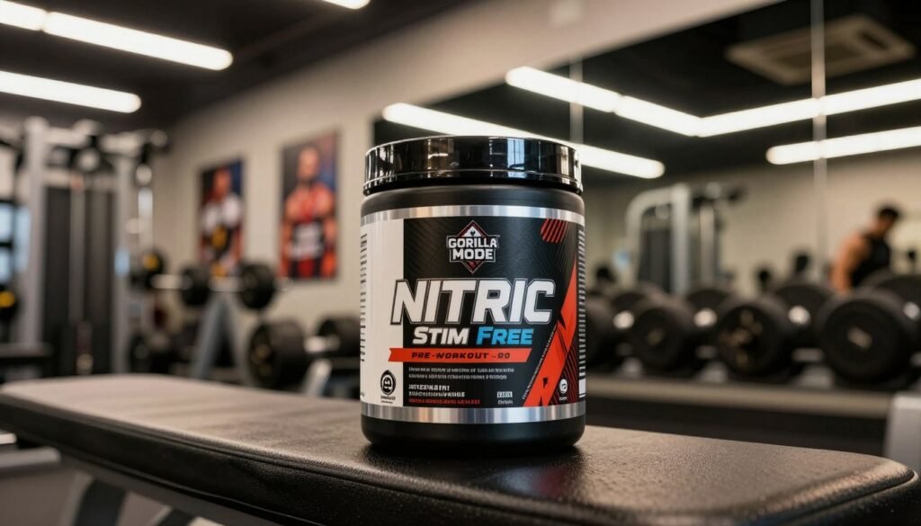 A vibrant, well-lit scene showcasing a sleek, modern container of "Gorilla Mode Nitric Stim-Free" pre-workout supplement, prominently displayed in the foreground on a polished gym bench. The container is stylishly designed with an eye-catching label emphasizing its jitter-free benefits. In the middle ground, blurry gym equipment including dumbbells and weights create a fitness-themed atmosphere. The background features a stylish gym interior with mirrored walls, bright fluorescent lights, and motivational posters. The image captures a sense of energy and determination, with warm lighting highlighting the product. The angle is slightly tilted downwards to focus on the container, evoking a dynamic and motivational vibe without any text or additional distractions. A vibrant, well-lit scene showcasing a sleek, modern container of "Gorilla Mode Nitric Stim-Free" pre-workout supplement, prominently displayed in the foreground on a polished gym bench. The container is stylishly designed with an eye-catching label emphasizing its jitter-free benefits. In the middle ground, blurry gym equipment including dumbbells and weights create a fitness-themed atmosphere. The background features a stylish gym interior with mirrored walls, bright fluorescent lights, and motivational posters. The image captures a sense of energy and determination, with warm lighting highlighting the product. The angle is slightly tilted downwards to focus on the container, evoking a dynamic and motivational vibe without any text or additional distractions.