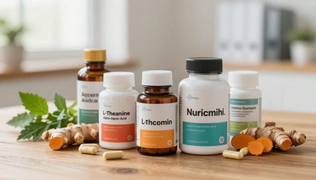 A visually appealing arrangement of various dietary supplements specifically targeting neuropathy pain, prominently featuring bottles of essential vitamins and herbal extracts like Alpha-Lipoic Acid, L-Theanine, and curcumin. The foreground showcases these supplements on a wooden tabletop, with an emphasis on their colorful packaging. In the middle ground, include an assortment of fresh herbs, like ginger and turmeric, alongside a few capsules and tablets. The background features a softly blurred medical office environment suggesting a professional tone, with warm, natural lighting filtering in through a window. Use a slightly elevated angle to capture the layered composition, evoking a sense of hope and wellbeing, inviting the viewer to explore options for pain relief. A visually appealing arrangement of various dietary supplements specifically targeting neuropathy pain, prominently featuring bottles of essential vitamins and herbal extracts like Alpha-Lipoic Acid, L-Theanine, and curcumin. The foreground showcases these supplements on a wooden tabletop, with an emphasis on their colorful packaging. In the middle ground, include an assortment of fresh herbs, like ginger and turmeric, alongside a few capsules and tablets. The background features a softly blurred medical office environment suggesting a professional tone, with warm, natural lighting filtering in through a window. Use a slightly elevated angle to capture the layered composition, evoking a sense of hope and wellbeing, inviting the viewer to explore options for pain relief.