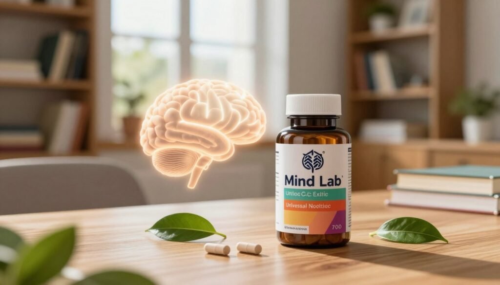 A visually appealing depiction of Mind Lab Pro, showcasing the sleek packaging of the universal nootropic supplement. In the foreground, a bottle with a modern design and vibrant label stands on a wooden table, surrounded by fresh green leaves symbolizing vitality. The middle layer features a brain graphic subtly illuminating from the side, representing cognitive enhancement. In the background, a serene, sunlit home office space is visible, featuring bookshelves filled with literature on wellness and memory, suggesting an atmosphere of learning and growth. The scene is softly lit by warm natural light streaming through a window, evoking a sense of calm and focus. This serene setting emphasizes the product’s purpose, aimed at seniors seeking to boost memory and cognitive function. A visually appealing depiction of Mind Lab Pro, showcasing the sleek packaging of the universal nootropic supplement. In the foreground, a bottle with a modern design and vibrant label stands on a wooden table, surrounded by fresh green leaves symbolizing vitality. The middle layer features a brain graphic subtly illuminating from the side, representing cognitive enhancement. In the background, a serene, sunlit home office space is visible, featuring bookshelves filled with literature on wellness and memory, suggesting an atmosphere of learning and growth. The scene is softly lit by warm natural light streaming through a window, evoking a sense of calm and focus. This serene setting emphasizes the product’s purpose, aimed at seniors seeking to boost memory and cognitive function.