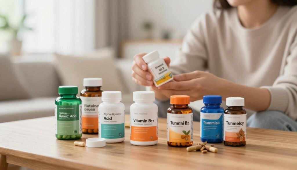 A visually appealing display of various supplements designed to relieve numbness, arranged on a sleek wood table. In the foreground, vibrant bottles of capsules and powders in shades of green, orange, and blue, featuring labels that suggest natural ingredients like alpha-lipoic acid, vitamin B12, and turmeric. In the middle ground, a soft-focus view of a human hand gently holding one of the bottles, wearing a modest casual outfit, signifying everyday use. The background features a blurred, serene living space with soft, natural lighting coming through a window, creating a calming atmosphere. The overall mood is optimistic and supportive, emphasizing the potential relief from neuropathy pain. The depth of field draws focus to the supplements, inviting viewers to explore holistic health options. A visually appealing display of various supplements designed to relieve numbness, arranged on a sleek wood table. In the foreground, vibrant bottles of capsules and powders in shades of green, orange, and blue, featuring labels that suggest natural ingredients like alpha-lipoic acid, vitamin B12, and turmeric. In the middle ground, a soft-focus view of a human hand gently holding one of the bottles, wearing a modest casual outfit, signifying everyday use. The background features a blurred, serene living space with soft, natural lighting coming through a window, creating a calming atmosphere. The overall mood is optimistic and supportive, emphasizing the potential relief from neuropathy pain. The depth of field draws focus to the supplements, inviting viewers to explore holistic health options.