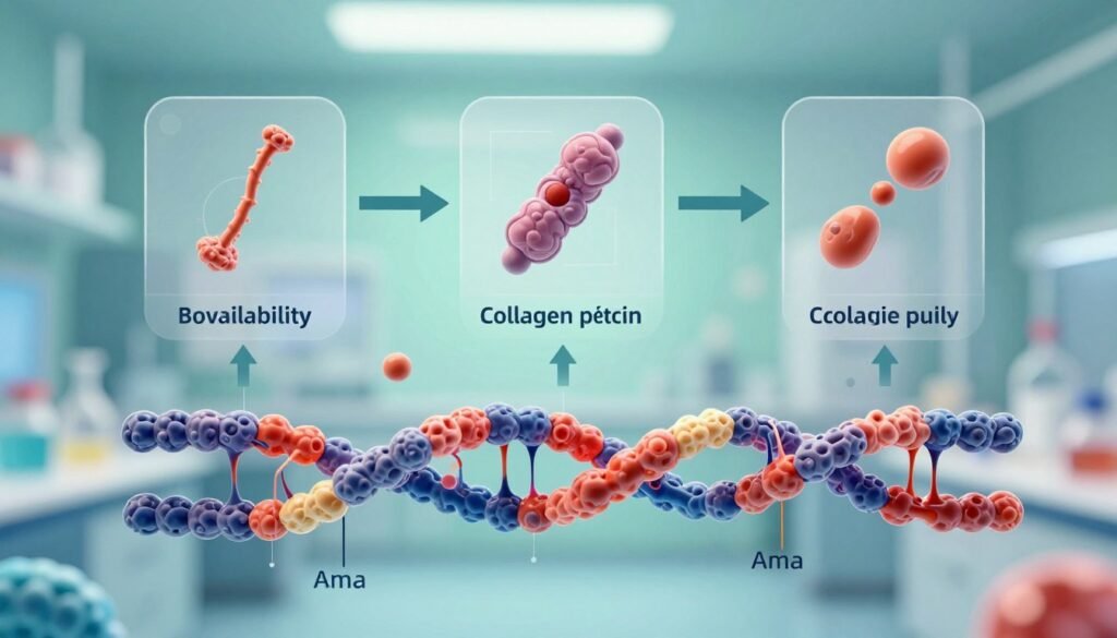 A visually appealing scientific illustration depicting the molecular structure of collagen peptides in vibrant colors. In the foreground, a stylized collagen molecule is rendered in 3D, showcasing its triple helix structure with intricate details and labels highlighting amino acids. The middle ground features transparent, floating diagrams representing bioavailability pathways, demonstrating how collagen peptides are absorbed in the body, interspersed with elegant arrows indicating movement. The background is softly blurred with a gradient of soothing blues and greens, simulating a lab environment with gentle laboratory lighting that casts a soft glow over the elements. The overall mood is informative and inspiring, encapsulating the essence of scientific discovery and health benefits. The composition should be balanced with an emphasis on clarity and understanding. A visually appealing scientific illustration depicting the molecular structure of collagen peptides in vibrant colors. In the foreground, a stylized collagen molecule is rendered in 3D, showcasing its triple helix structure with intricate details and labels highlighting amino acids. The middle ground features transparent, floating diagrams representing bioavailability pathways, demonstrating how collagen peptides are absorbed in the body, interspersed with elegant arrows indicating movement. The background is softly blurred with a gradient of soothing blues and greens, simulating a lab environment with gentle laboratory lighting that casts a soft glow over the elements. The overall mood is informative and inspiring, encapsulating the essence of scientific discovery and health benefits. The composition should be balanced with an emphasis on clarity and understanding.