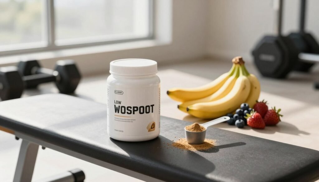 A visually appealing setting showcasing a low caffeine pre-workout supplement on a clean, minimalist gym bench. In the foreground, a sleek, modern container of the supplement sits next to a measuring scoop, with a few loose powder grains sprinkled elegantly. The middle ground features a pair of fresh, vibrant fruits, like bananas and berries, symbolizing natural energy sources. Soft morning light filters in from a large window, casting gentle shadows and creating an inviting atmosphere. The background shows blurred gym equipment, like dumbbells and yoga mats, emphasizing an active lifestyle. The mood is energetic yet calm, perfect for beginners seeking a jitter-free workout experience. A visually appealing setting showcasing a low caffeine pre-workout supplement on a clean, minimalist gym bench. In the foreground, a sleek, modern container of the supplement sits next to a measuring scoop, with a few loose powder grains sprinkled elegantly. The middle ground features a pair of fresh, vibrant fruits, like bananas and berries, symbolizing natural energy sources. Soft morning light filters in from a large window, casting gentle shadows and creating an inviting atmosphere. The background shows blurred gym equipment, like dumbbells and yoga mats, emphasizing an active lifestyle. The mood is energetic yet calm, perfect for beginners seeking a jitter-free workout experience.