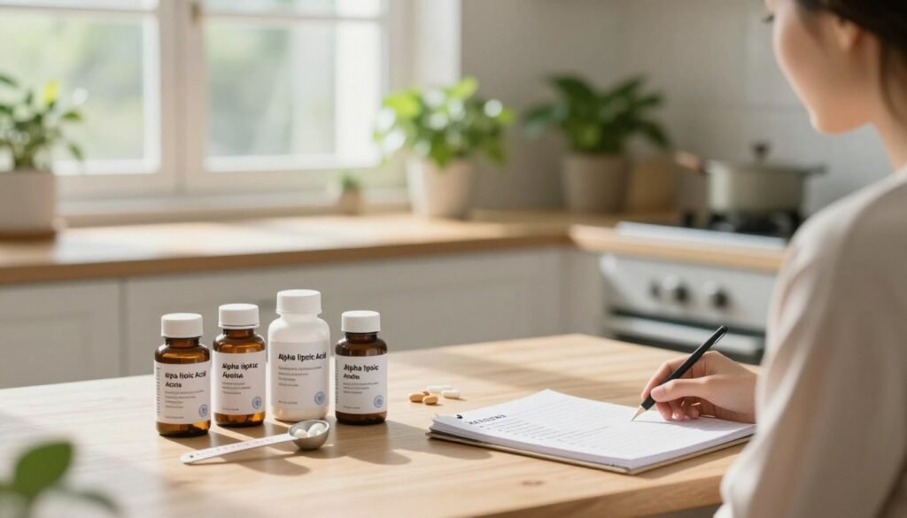 A visually engaging step-by-step guide design illustrating the process of starting a supplementation routine for alpha lipoic acid. In the foreground, a well-organized tabletop displays various supplements, including bottles labeled with clear dosage instructions, measuring spoons, and a notepad with a checklist. The middle ground features a light and airy kitchen setting, with sunlight streaming through a window, casting soft shadows. In the background, there are vibrant green plants, suggesting a health-conscious environment. A side view angle captures the essence of focus and routine, creating an inviting atmosphere that encourages wellness. Soft focus on the background keeps the attention on the supplements, conveying a sense of clarity and organization. A visually engaging step-by-step guide design illustrating the process of starting a supplementation routine for alpha lipoic acid. In the foreground, a well-organized tabletop displays various supplements, including bottles labeled with clear dosage instructions, measuring spoons, and a notepad with a checklist. The middle ground features a light and airy kitchen setting, with sunlight streaming through a window, casting soft shadows. In the background, there are vibrant green plants, suggesting a health-conscious environment. A side view angle captures the essence of focus and routine, creating an inviting atmosphere that encourages wellness. Soft focus on the background keeps the attention on the supplements, conveying a sense of clarity and organization.