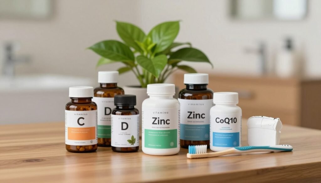 A well-lit and inviting scene featuring an arrangement of high-quality dietary supplements specifically for gum health. In the foreground, display a variety of elegantly designed supplement bottles with labels showcasing natural ingredients like vitamins C and D, zinc, and CoQ10, all positioned on a polished wooden table. In the middle ground, include a vibrant green plant, representing natural health and vitality, alongside a toothbrush and dental floss for context. The background should feature soft-focus dental tools and a gentle light source, creating a calm atmosphere. The overall mood should convey professionalism and wellness, using a warm color palette to evoke a sense of trust and care for oral health. A well-lit and inviting scene featuring an arrangement of high-quality dietary supplements specifically for gum health. In the foreground, display a variety of elegantly designed supplement bottles with labels showcasing natural ingredients like vitamins C and D, zinc, and CoQ10, all positioned on a polished wooden table. In the middle ground, include a vibrant green plant, representing natural health and vitality, alongside a toothbrush and dental floss for context. The background should feature soft-focus dental tools and a gentle light source, creating a calm atmosphere. The overall mood should convey professionalism and wellness, using a warm color palette to evoke a sense of trust and care for oral health.