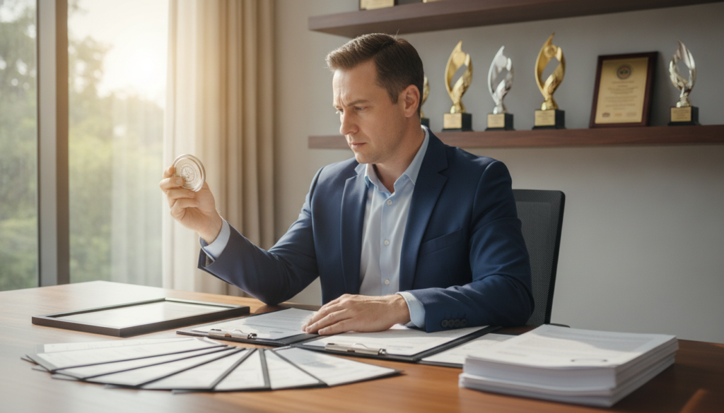 A well-lit office environment serves as the backdrop, showcasing a large wooden desk with an organized collection of certifications and approval documents prominently displayed. In the foreground, a focused business professional in smart attire reviews these documents, holding a certification badge that shines with a silver finish. Soft natural light filters in through a nearby window, creating a warm and inviting atmosphere. Behind the professional, a wall-mounted shelf is lined with other trophies and health supplement awards, emphasizing credibility. The scene should convey a sense of trustworthiness and professionalism, highlighting the importance of recognizing legitimate approvals in the supplement industry. The angle captures the person from a slight side view, emphasizing their engagement with the materials on the desk. A well-lit office environment serves as the backdrop, showcasing a large wooden desk with an organized collection of certifications and approval documents prominently displayed. In the foreground, a focused business professional in smart attire reviews these documents, holding a certification badge that shines with a silver finish. Soft natural light filters in through a nearby window, creating a warm and inviting atmosphere. Behind the professional, a wall-mounted shelf is lined with other trophies and health supplement awards, emphasizing credibility. The scene should convey a sense of trustworthiness and professionalism, highlighting the importance of recognizing legitimate approvals in the supplement industry. The angle captures the person from a slight side view, emphasizing their engagement with the materials on the desk.