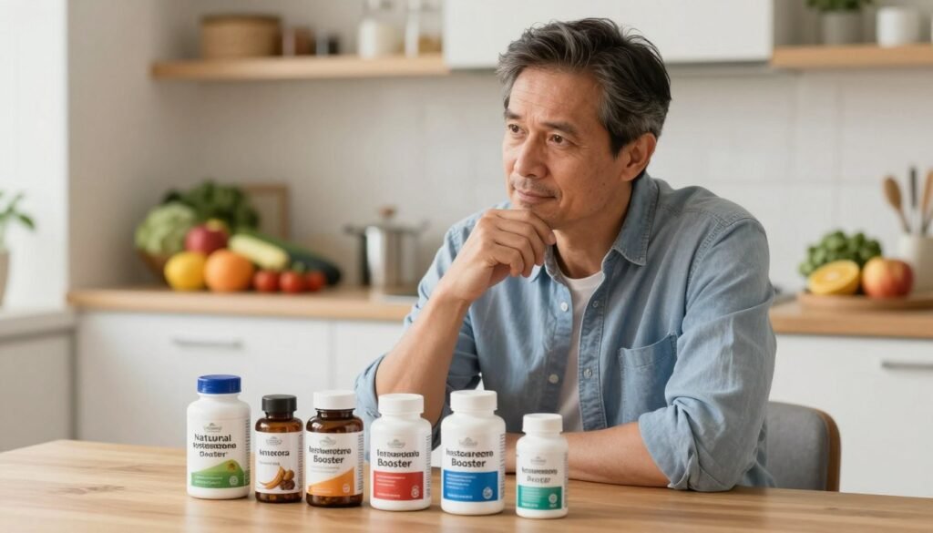 A well-lit scene featuring a mature man in his 40s or 50s sitting at a kitchen table, examining a variety of natural testosterone booster supplements placed neatly in front of him. The foreground includes close-up shots of bottles labeled with natural ingredients like ginseng and maca, while in the middle, the man, dressed in casual yet professional attire, looks thoughtfully at the supplements, conveying a sense of contemplation about his health. In the background, a bright and inviting kitchen environment is visible, with healthy foods like fruits and vegetables on the counter. The lighting is warm and inviting, giving a sense of positivity and well-being, reflecting lifestyle habits that support supplement use. The angle is slightly tilted to highlight both the products and the man’s thoughtful expression. A well-lit scene featuring a mature man in his 40s or 50s sitting at a kitchen table, examining a variety of natural testosterone booster supplements placed neatly in front of him. The foreground includes close-up shots of bottles labeled with natural ingredients like ginseng and maca, while in the middle, the man, dressed in casual yet professional attire, looks thoughtfully at the supplements, conveying a sense of contemplation about his health. In the background, a bright and inviting kitchen environment is visible, with healthy foods like fruits and vegetables on the counter. The lighting is warm and inviting, giving a sense of positivity and well-being, reflecting lifestyle habits that support supplement use. The angle is slightly tilted to highlight both the products and the man’s thoughtful expression.