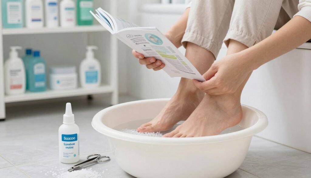 A well-organized bathroom scene focusing on the process of maintaining hygiene during toenail fungus treatment. In the foreground, a neatly arranged foot soaking basin with warm water, Epsom salts, and an applicator bottle of antifungal solution. A pair of clean, professional-looking tweezers and nail clippers sit nearby. In the middle, a person (wearing modest casual clothing) attentively soaking their feet while reading a hygiene guide, emphasizing careful attention to their toenails. The background features shelves stocked with hygiene products, bright lighting illuminating the space to create a clean and inviting atmosphere. The overall mood is focused and calm, capturing the dedication to maintaining hygiene during the healing process. A well-organized bathroom scene focusing on the process of maintaining hygiene during toenail fungus treatment. In the foreground, a neatly arranged foot soaking basin with warm water, Epsom salts, and an applicator bottle of antifungal solution. A pair of clean, professional-looking tweezers and nail clippers sit nearby. In the middle, a person (wearing modest casual clothing) attentively soaking their feet while reading a hygiene guide, emphasizing careful attention to their toenails. The background features shelves stocked with hygiene products, bright lighting illuminating the space to create a clean and inviting atmosphere. The overall mood is focused and calm, capturing the dedication to maintaining hygiene during the healing process.