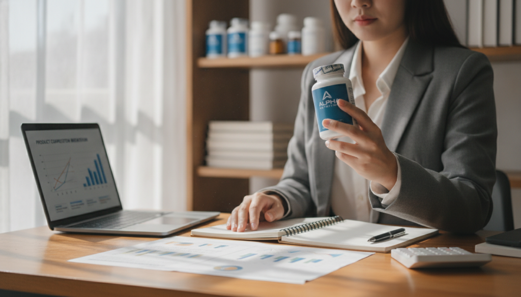 A well-organized workspace featuring a close-up of a person in professional business attire meticulously analyzing product ingredients from a supplement bottle. In the foreground, the focus is on the individual holding the bottle and examining its label with a thoughtful expression, emphasizing concentration. Surrounding them are notebooks filled with notes, a laptop displaying relevant research, and a calculator, symbolizing thorough investigation. The middle section includes a bright, well-lit desk with soft, natural lighting from a nearby window, casting gentle shadows. In the background, a shelf displaying various health supplements adds depth. The atmosphere is one of diligence and professionalism, evoking a sense of trustworthiness and careful consideration in product analysis. A well-organized workspace featuring a close-up of a person in professional business attire meticulously analyzing product ingredients from a supplement bottle. In the foreground, the focus is on the individual holding the bottle and examining its label with a thoughtful expression, emphasizing concentration. Surrounding them are notebooks filled with notes, a laptop displaying relevant research, and a calculator, symbolizing thorough investigation. The middle section includes a bright, well-lit desk with soft, natural lighting from a nearby window, casting gentle shadows. In the background, a shelf displaying various health supplements adds depth. The atmosphere is one of diligence and professionalism, evoking a sense of trustworthiness and careful consideration in product analysis.