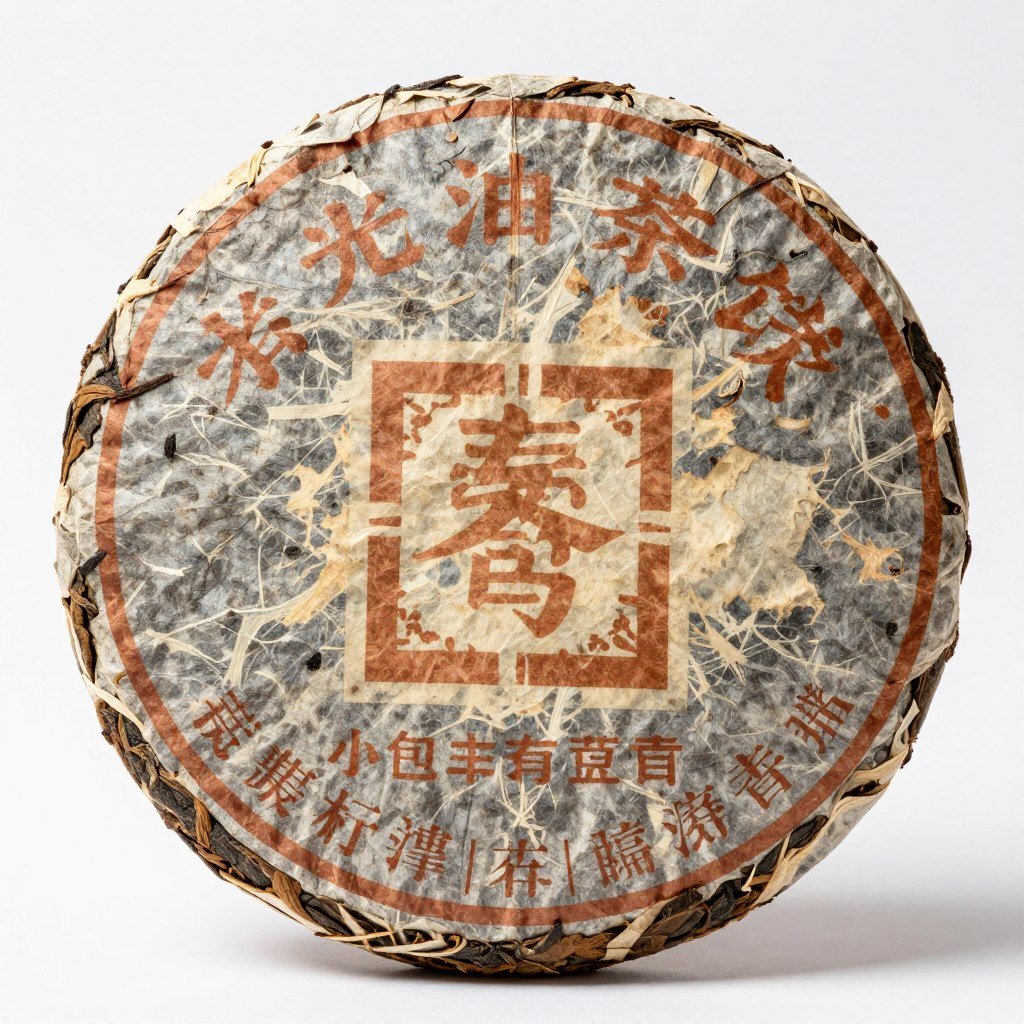 Aged pu-erh tea cake with traditional wrapping
