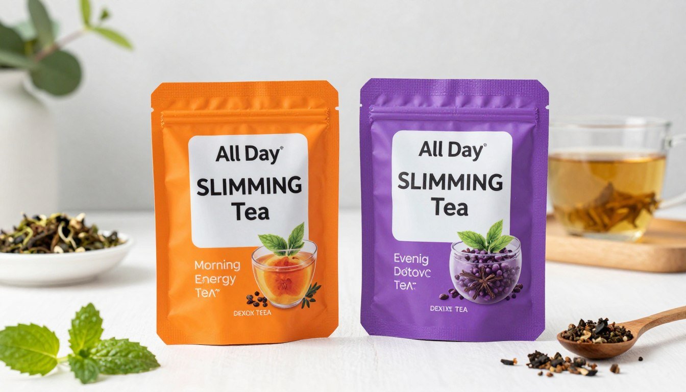 All Day Slimming Tea Reviews 2026 product packaging with morning energy tea and evening detox tea