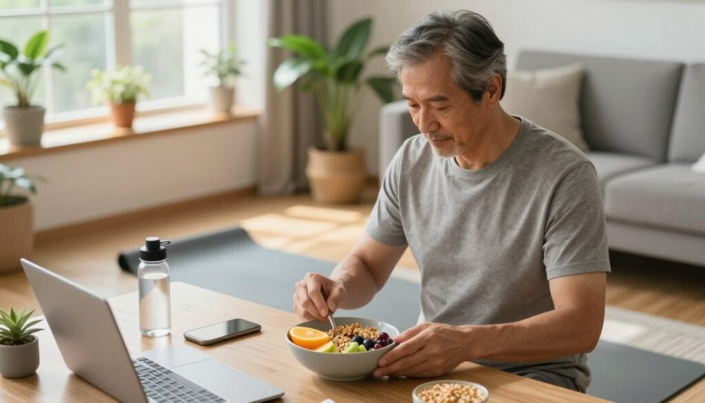 An inviting home office scene where a man in his fifties, dressed in modest casual attire, engages in a morning routine to boost natural hormone production. In the foreground, he is preparing a healthy breakfast with vibrant fruits and whole grains, symbolizing nutrition. In the middle ground, a yoga mat lies nearby, and a water bottle is visible, suggesting hydration and exercise. The background features a window with soft, natural sunlight streaming in, illuminating potted plants that represent health and vitality. The atmosphere is calm and focused, evoking a sense of wellness and proactive lifestyle changes. The composition is captured from a slightly elevated angle, emphasizing both the man’s actions and the serene environment around him.