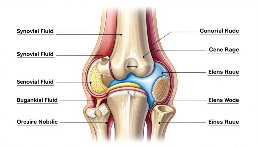 Anatomical illustration showing healthy joint with synovial fluid and cartilage structure Anatomical illustration showing healthy joint with synovial fluid and cartilage structure