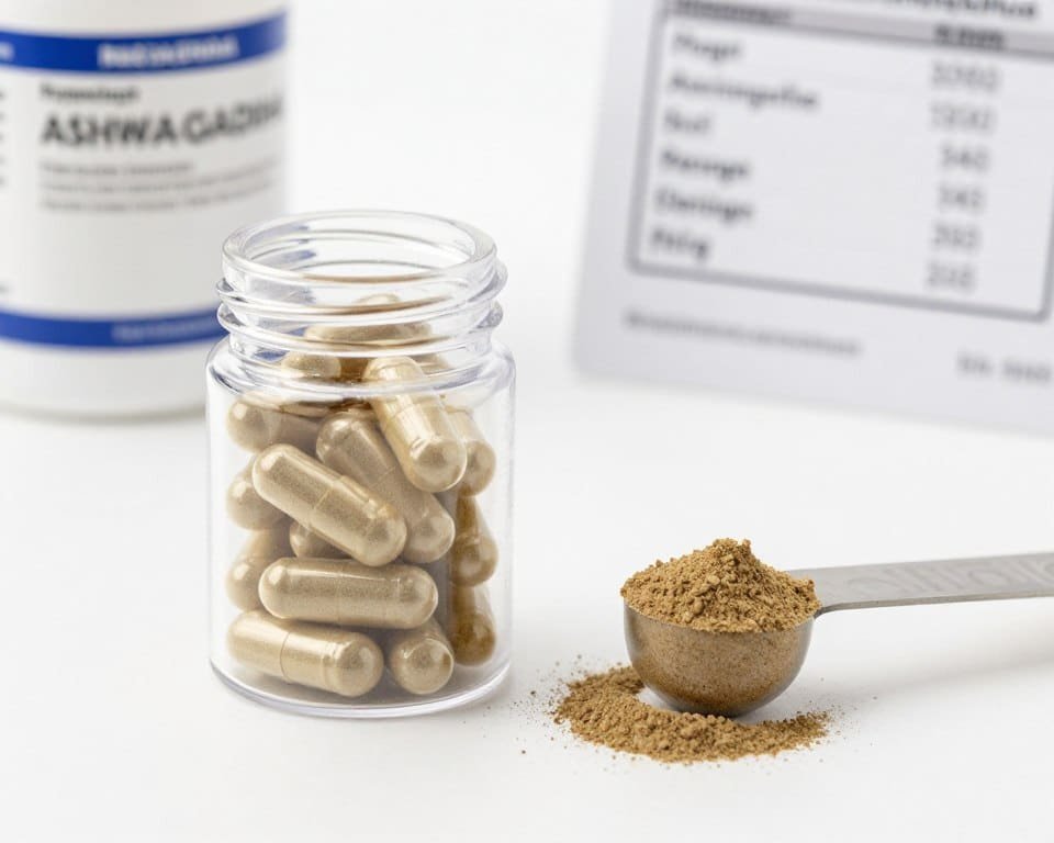 Ashwagandha supplement dosage with capsules and measuring tools Ashwagandha supplement dosage with capsules and measuring tools
