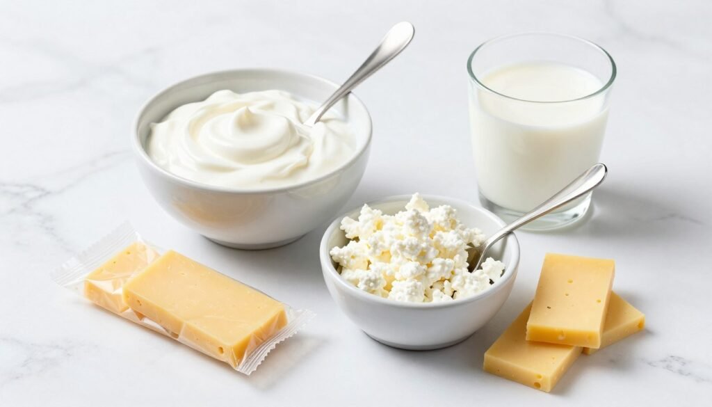 Assortment of dairy-based high protein snacks including Greek yogurt, cottage cheese, and string cheese Assortment of dairy-based high protein snacks including Greek yogurt, cottage cheese, and string cheese