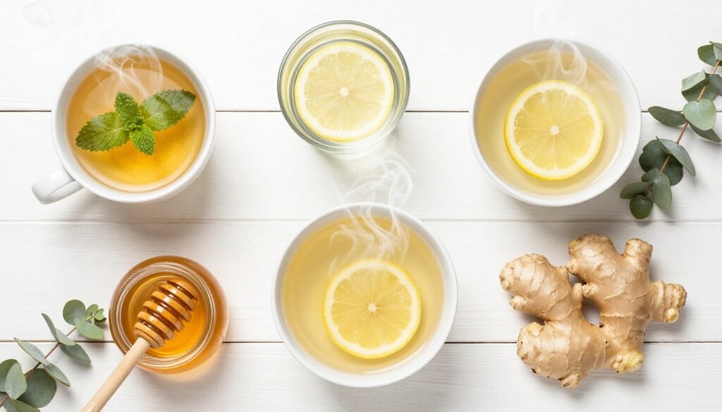 Assortment of hydrating beverages including herbal tea, water with lemon, and broth for natural sinus relief Assortment of hydrating beverages including herbal tea, water with lemon, and broth for natural sinus relief