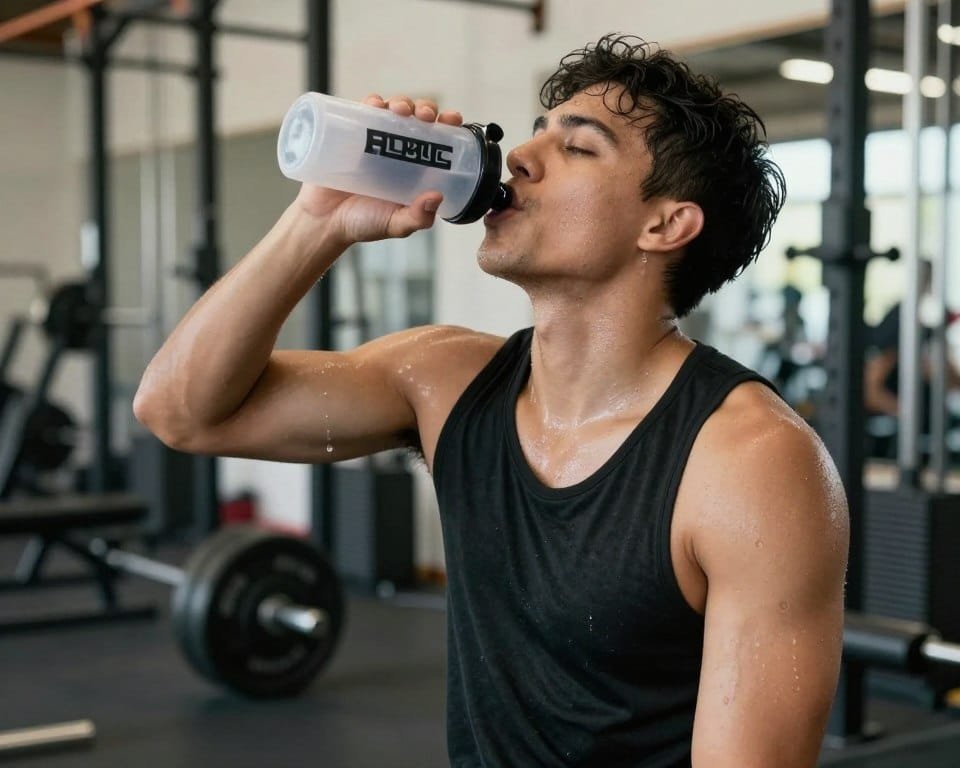 Athlete drinking electrolyte beverage during intense training session Athlete drinking electrolyte beverage during intense training session