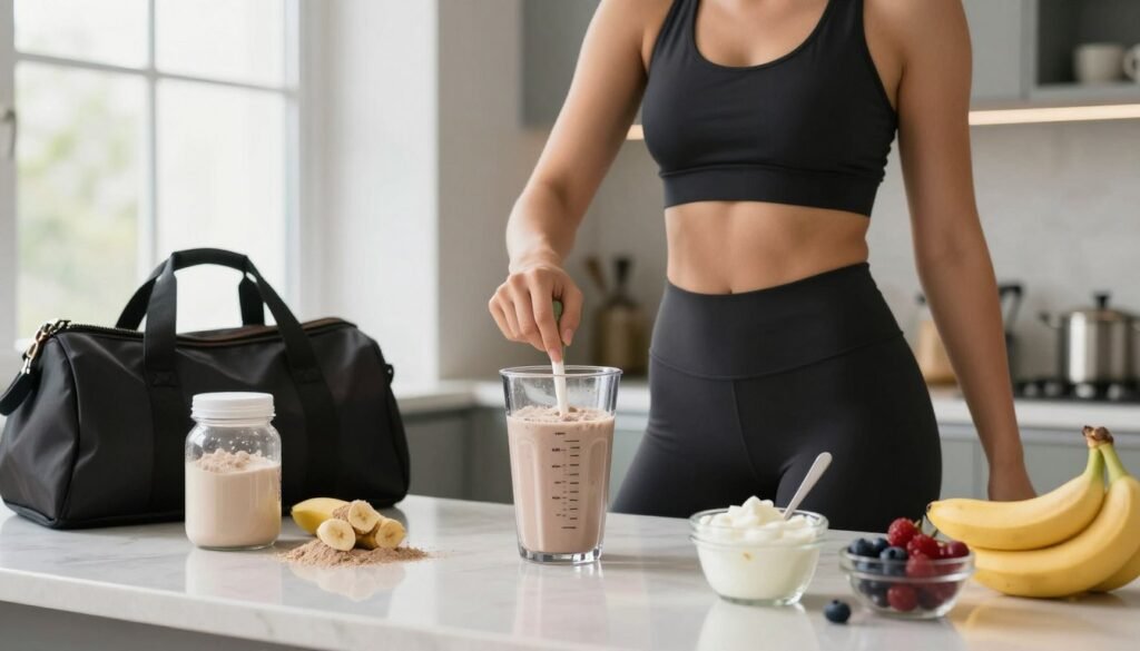 Athlete preparing protein shake after workout with healthy snack ingredients Athlete preparing protein shake after workout with healthy snack ingredients