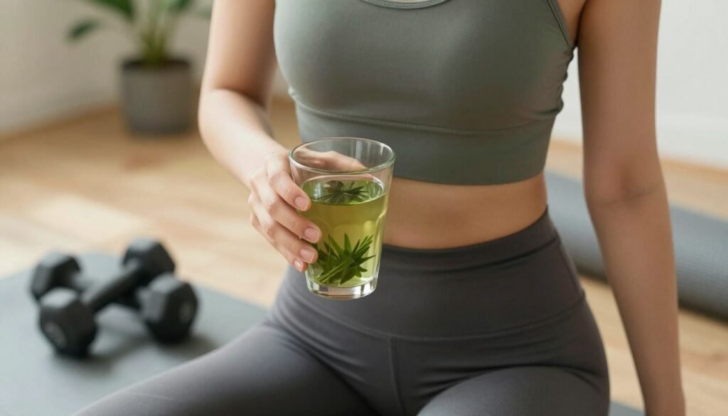 Athletic person drinking green tea before workout with exercise equipment in background Athletic person drinking green tea before workout with exercise equipment in background