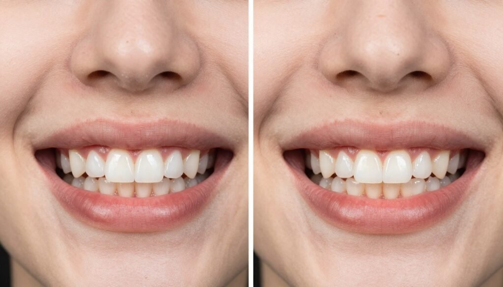 Before and after comparison of teeth whitening results showing dramatic shade improvement Before and after comparison of teeth whitening results showing dramatic shade improvement