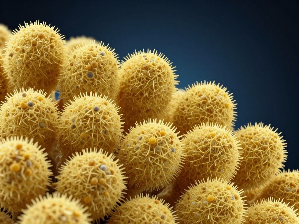 Close-up microscopic view of pollen particles causing allergies in august Close-up microscopic view of pollen particles causing allergies in august