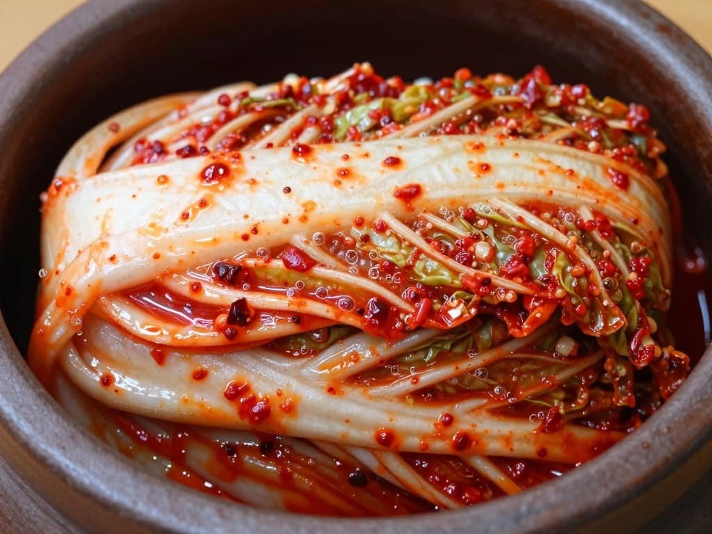 Close-up of kimchi fermentation showing beneficial bacteria activity