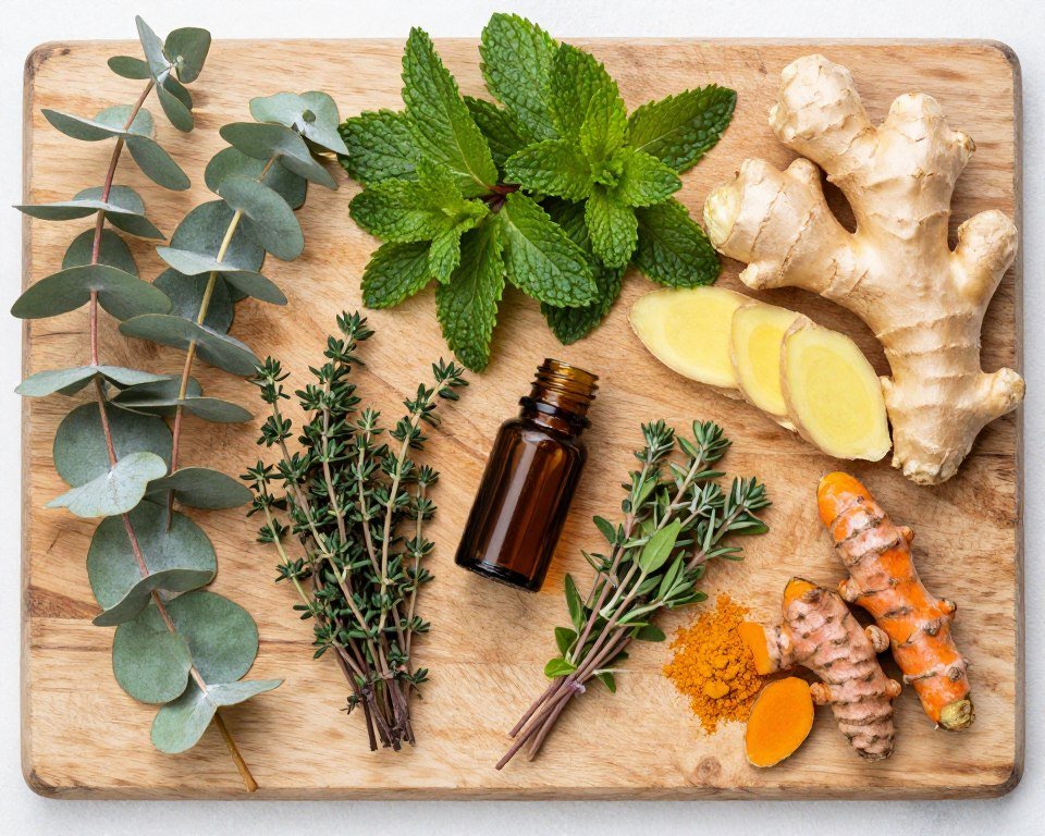 Collection of fresh herbs including eucalyptus, peppermint, and ginger for natural congestion remedies Collection of fresh herbs including eucalyptus, peppermint, and ginger for natural congestion remedies