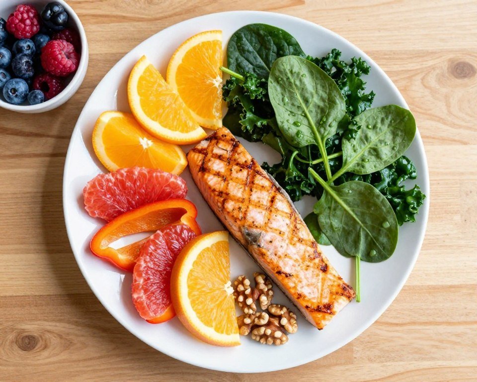 Colorful plate of anti-inflammatory foods including citrus fruits, leafy greens, and omega-3 rich salmon Colorful plate of anti-inflammatory foods including citrus fruits, leafy greens, and omega-3 rich salmon